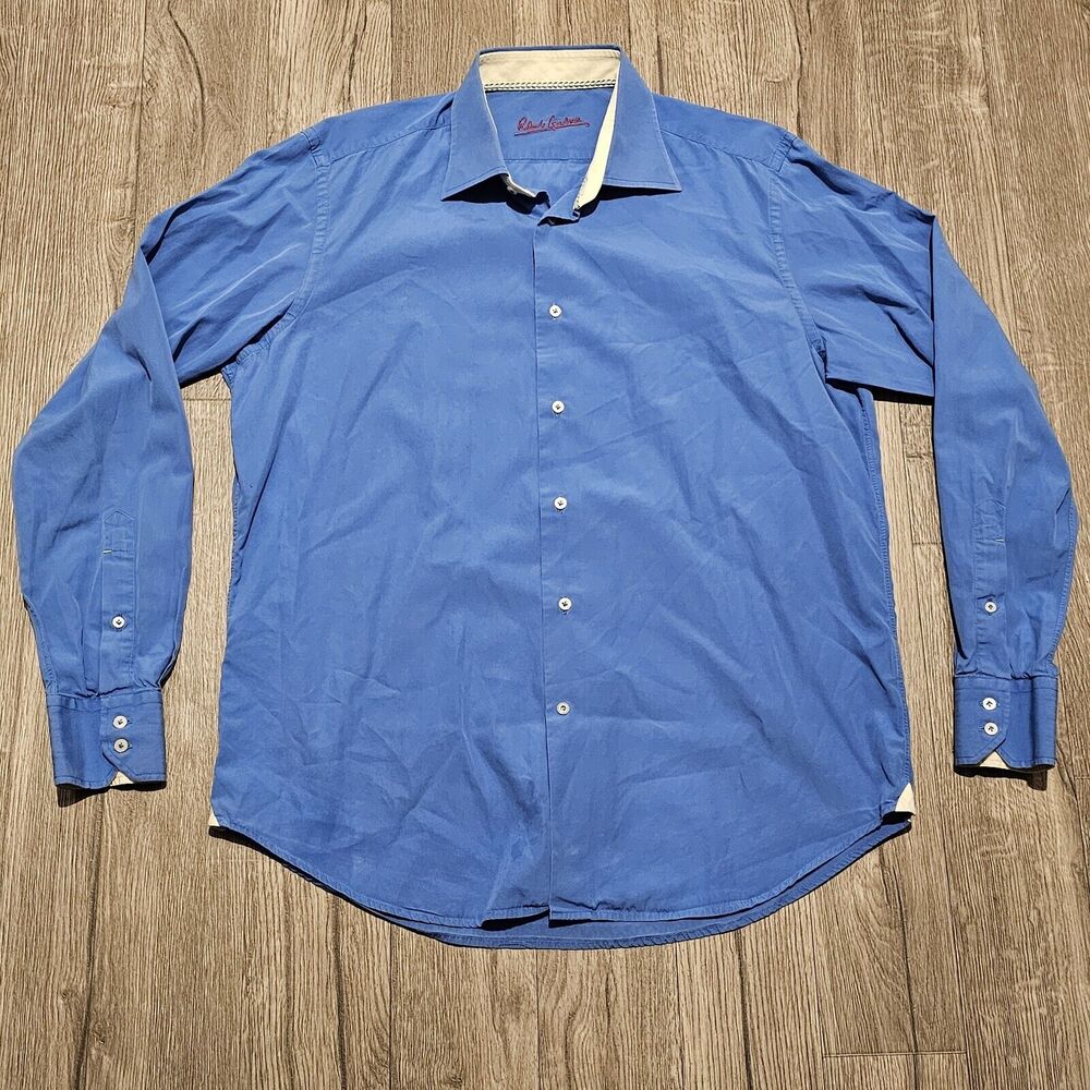 Robert Graham Mens Button Up Solid Blue Long Sleeve Casual Shirt Large 42 16 1/2